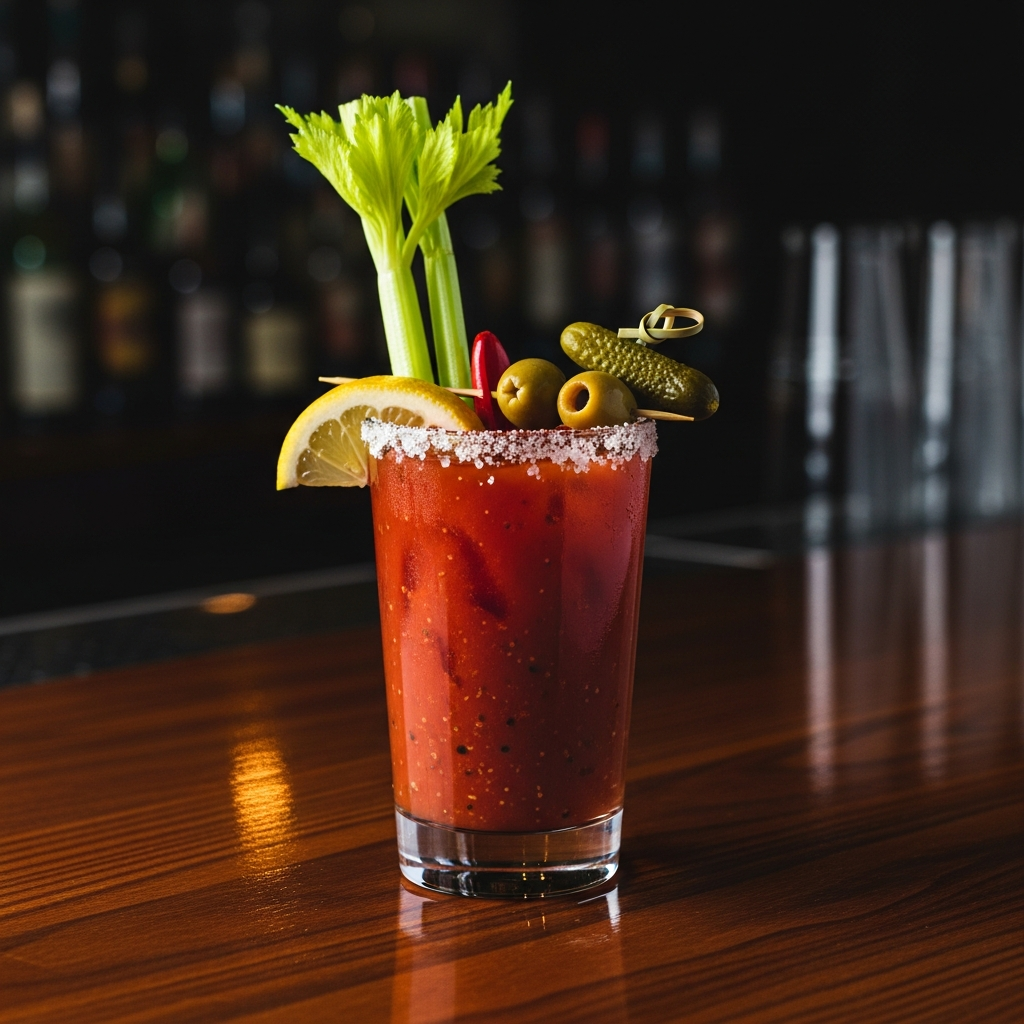 bloody mary cocktail with garnish in highball glass, dark moody atmosphere, deep red tones, professional bar photography