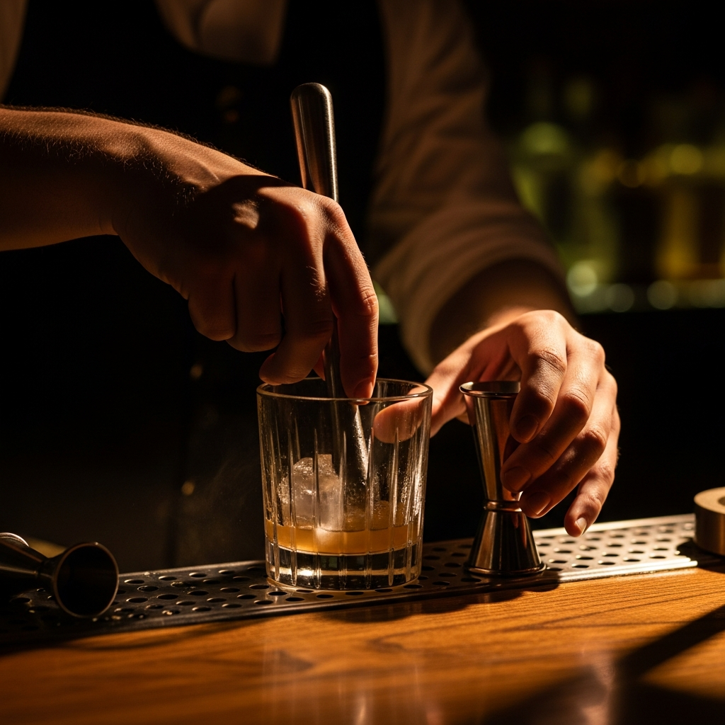 close-up bartender hands preparing classic cocktail dark bar amber light dramatic shadow cinematic