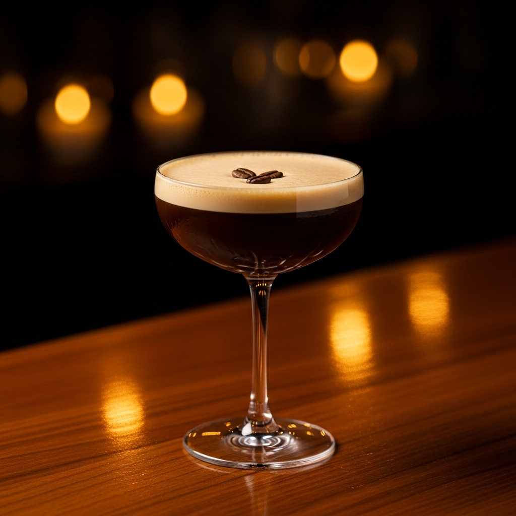 espresso martini cocktail in elegant coupe glass, dark moody bar background, warm amber lighting, shallow depth of field, editorial cocktail photography