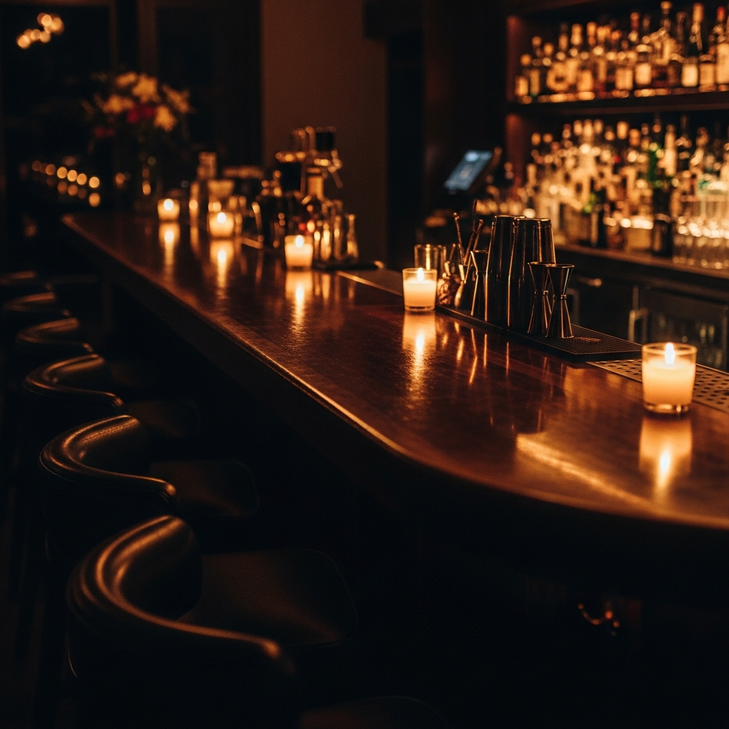 intimate cocktail bar interior at night, warm amber candlelight, empty bar stools, dark moody atmosphere, cinematic editorial, Madrid nightlife