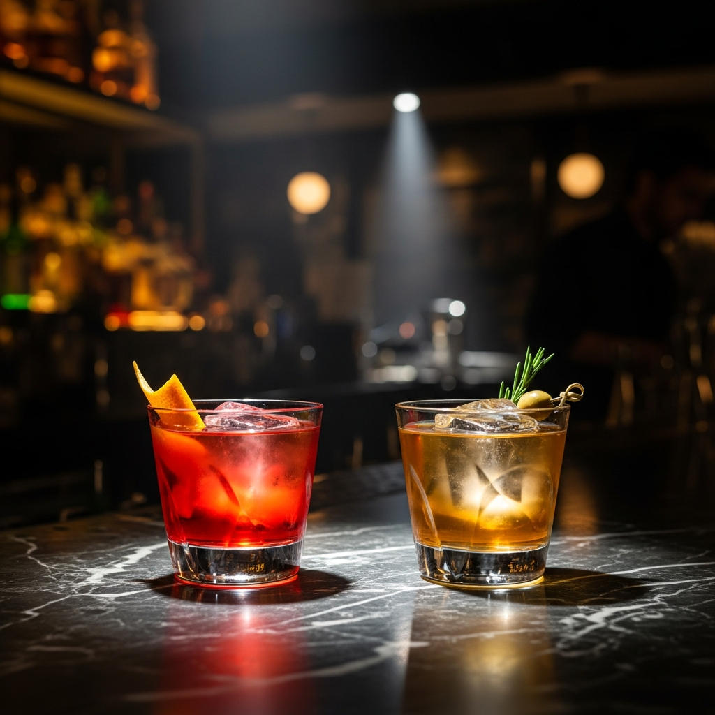 two signature cocktails side by side dark marble bar moody dramatic lighting cocktail bar night editorial