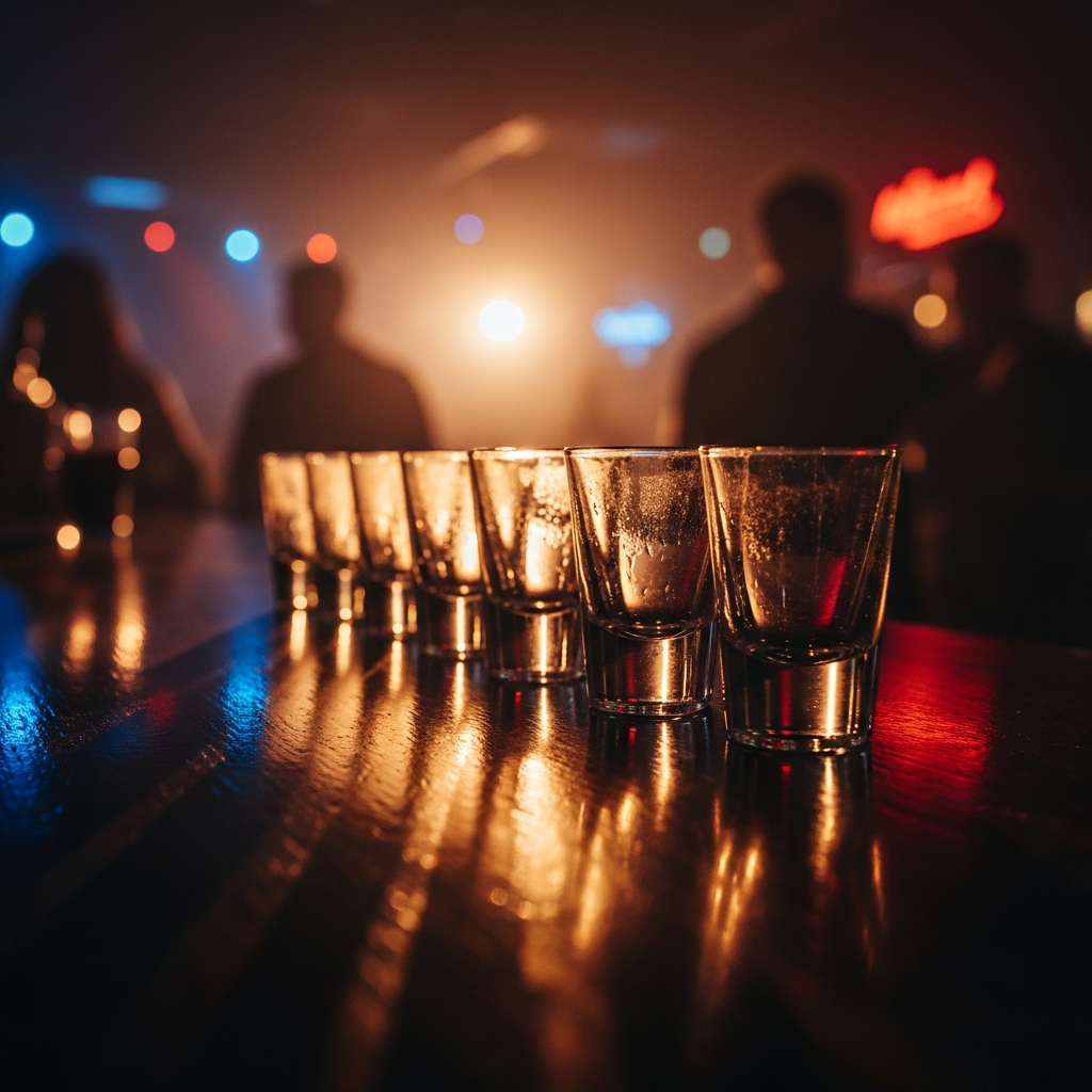 row of shot glasses dark bar backlit amber moody nightclub atmosphere