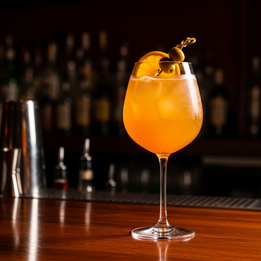 aperol spritz cocktail in large wine glass, golden orange light, dark intimate bar setting, editorial photography